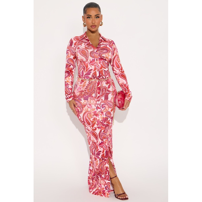 Alexius Chain Belted Maxi Shirt Dress – Pink/combo