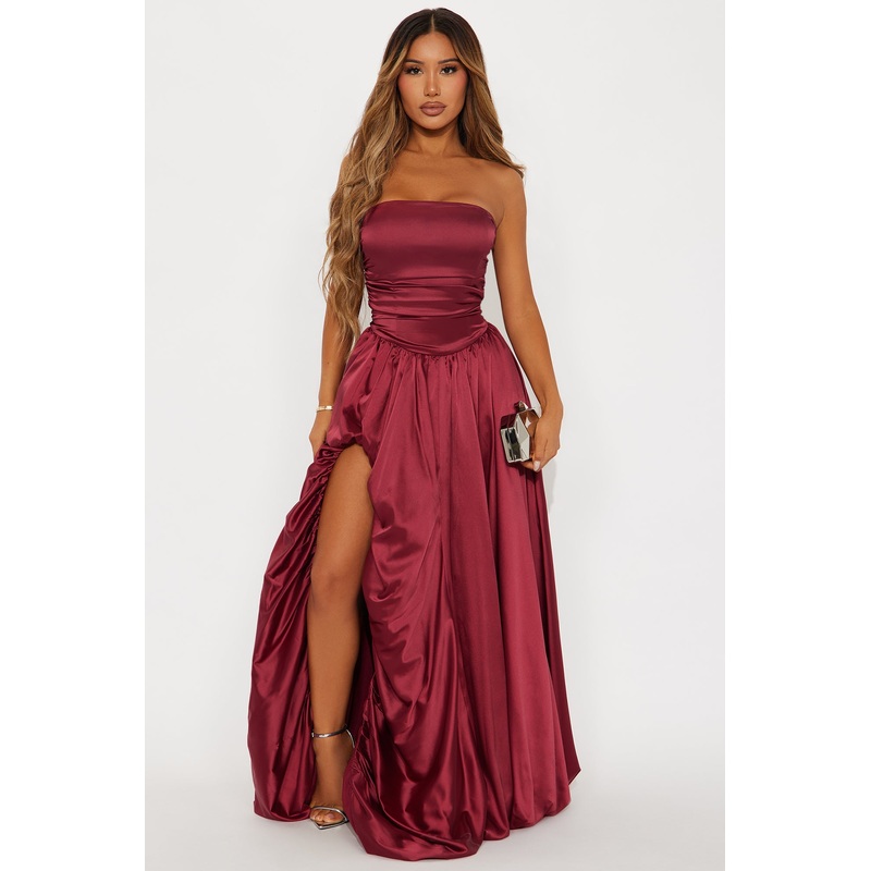 Carmen Strapless Satin Gown – Burgundy