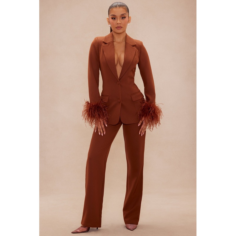 Clarissa Feather Blazer Suit Set – Chocolate