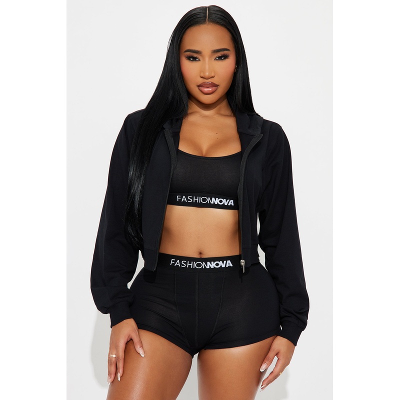 FN Mood Cami And Boxer Zip Up Hoodie 3 Piece Set – Black