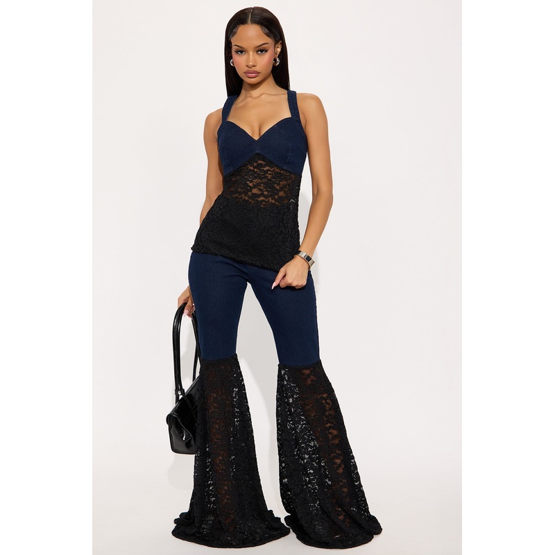 I’m Your Date Denim And Lace Flare Pant Set – Denim