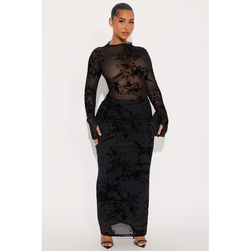 It Girl Mesh Long Sleeve Maxi Skirt Set – Black