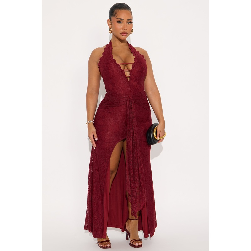 Lace Love Halter Maxi Dress – Burgundy