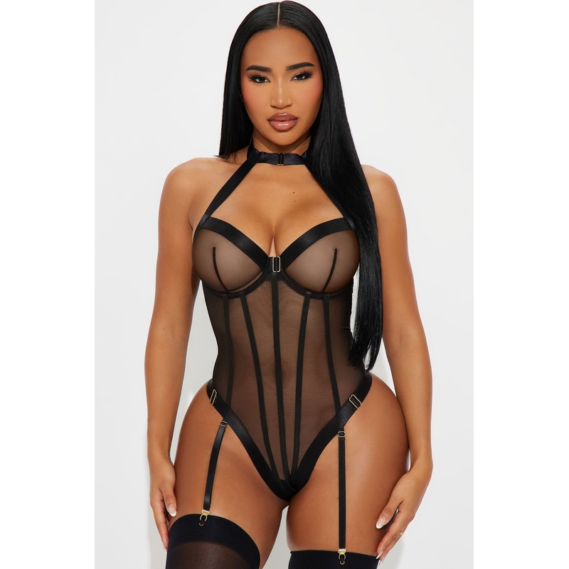 Lost My Breathe Mesh Teddy Thong Bodysuit – Black