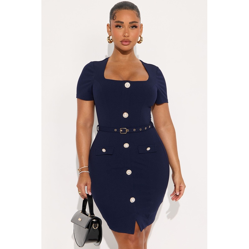 Maren Short Sleeve Belted Midi Dress – Navy