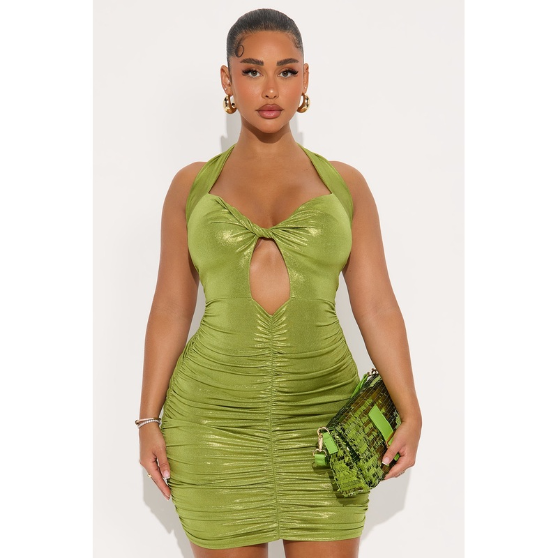 Marianna Metallic Ruched Mini Dress – Green