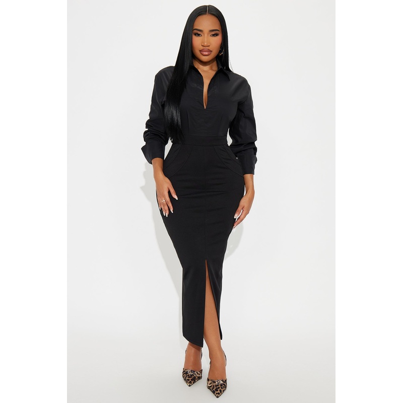 Samira Belted Maxi Shirt Dress – Black/Black