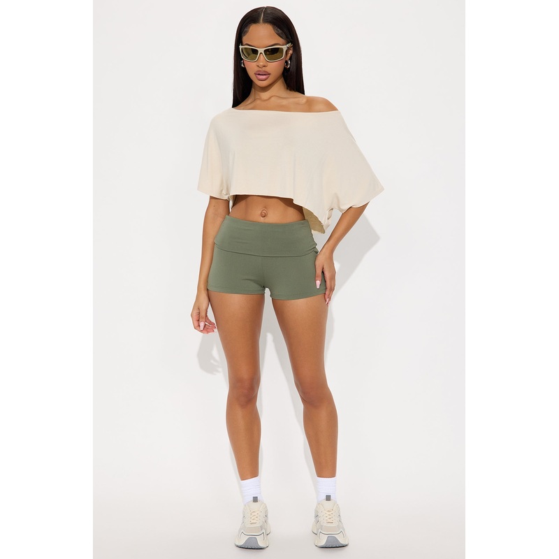 Staying In Mid Rise Fold Over Biker Shorts – Olive