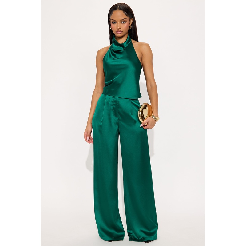 Vivienne Satin Halter Pant Set – Emerald