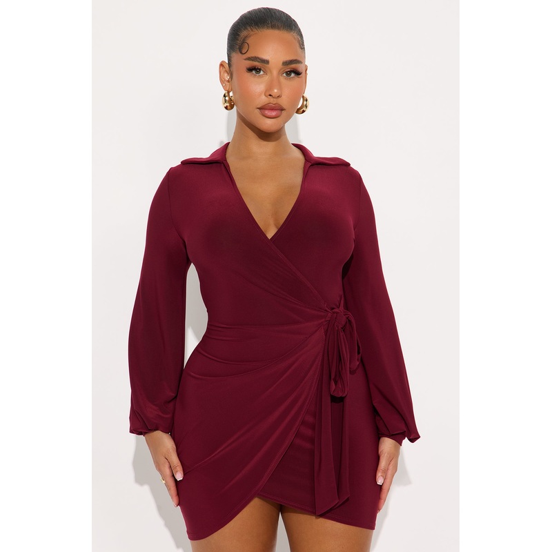 Yasmin Long Sleeve Collar Mini Dress – Wine