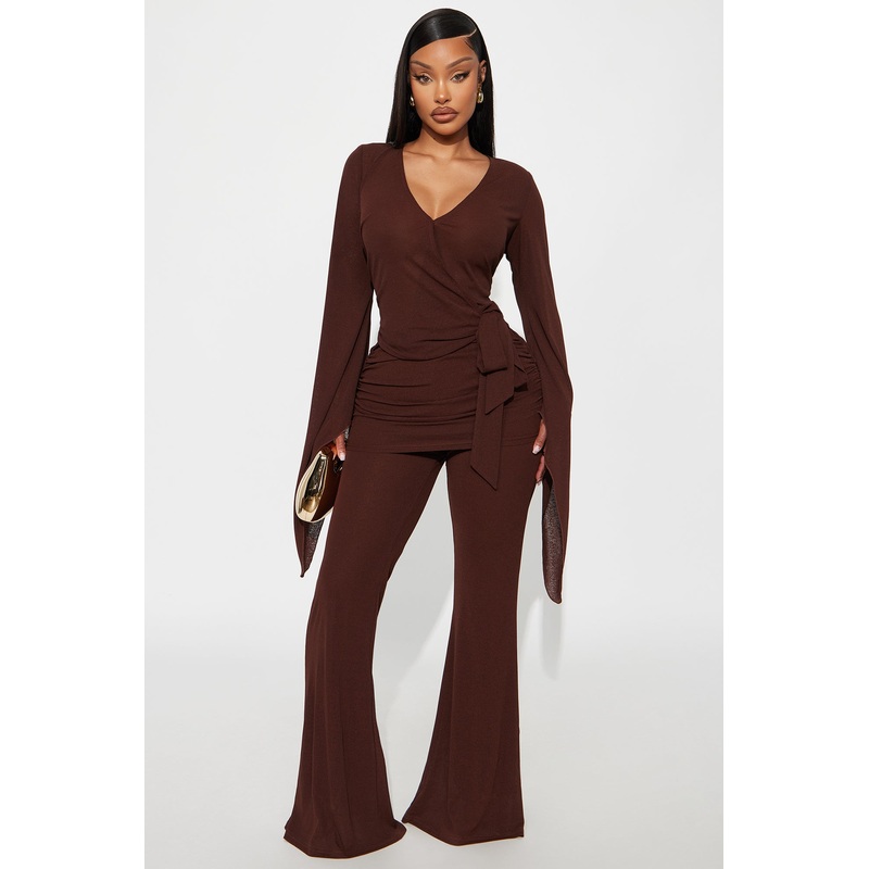 Ace Of Hearts Long Sleeve Flare Leg Jumpsuit – Brown