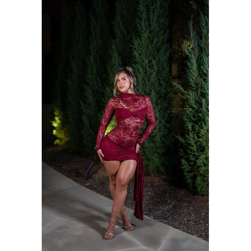 Alessia Draped Lace Mini Dress – Burgundy