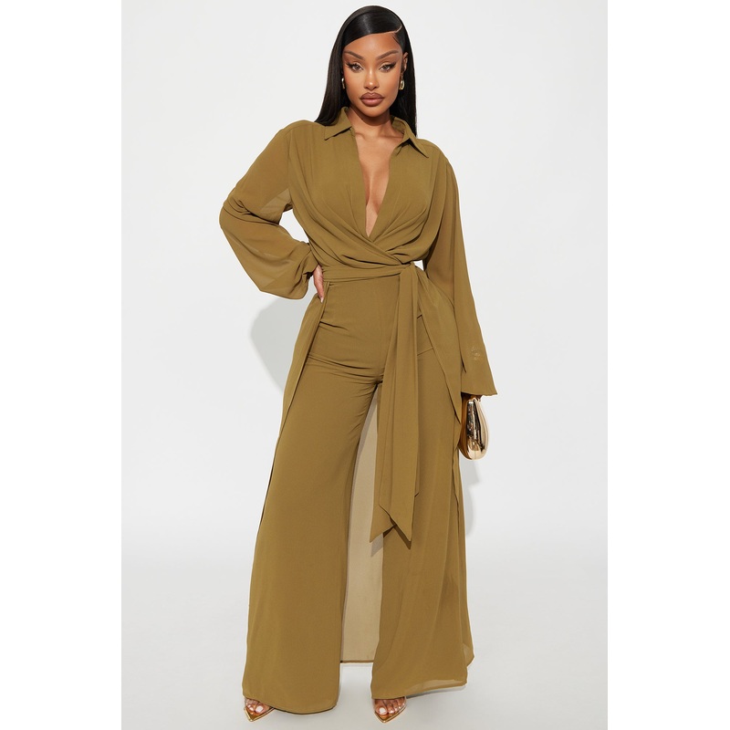 Alondra Chiffon Long Sleeve Jumpsuit – Olive