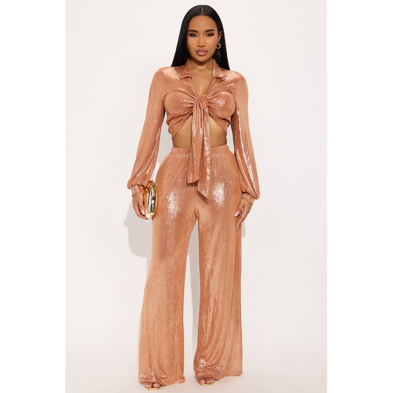 Arlene Metallic Slinky Wide Leg Pant Set – Rose Gold