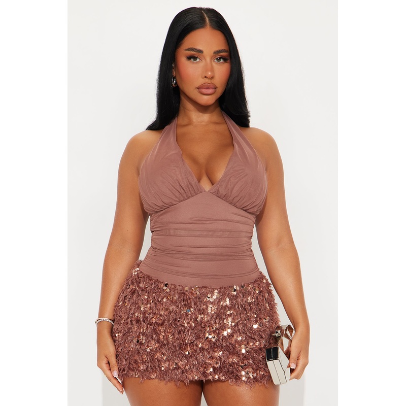 Aryanna Embellished Feather Mini Dress – Chocolate