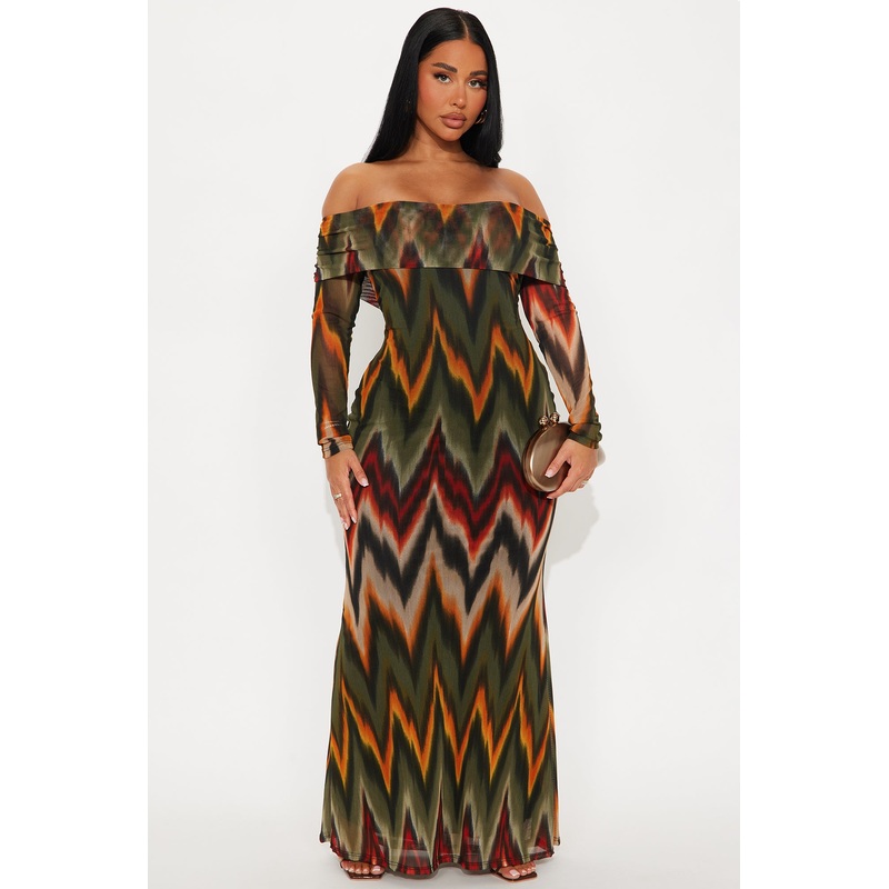 Audrey Printed Mesh Off Shoulder Maxi Dress – Olive/combo