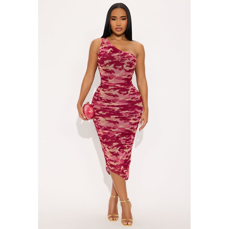 Bella Ruched Mesh Midi Dress – Burgundy/combo