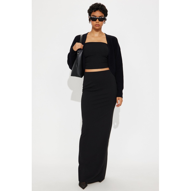 Camila Crepe Knit Back Slit Maxi Skirt – Black