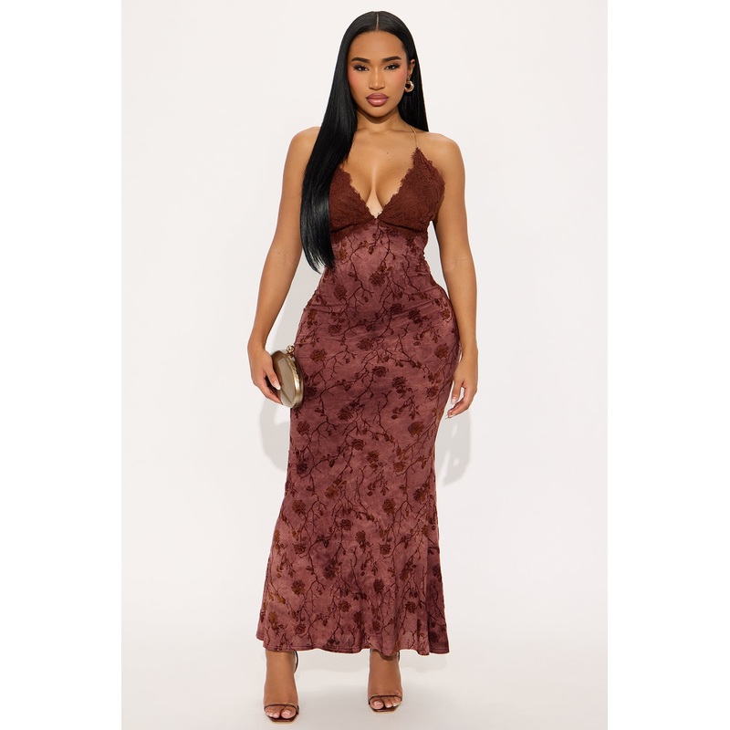 Candice Lace Flocked Maxi Dress – Burgundy/combo