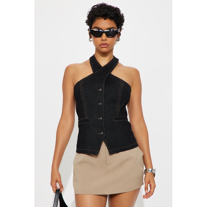 Denim Queen Criss Cross Halter Top – Dark Wash