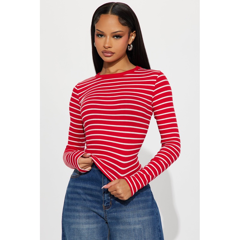 Lana Striped Crew Neck Long Sleeve Top – Red/combo