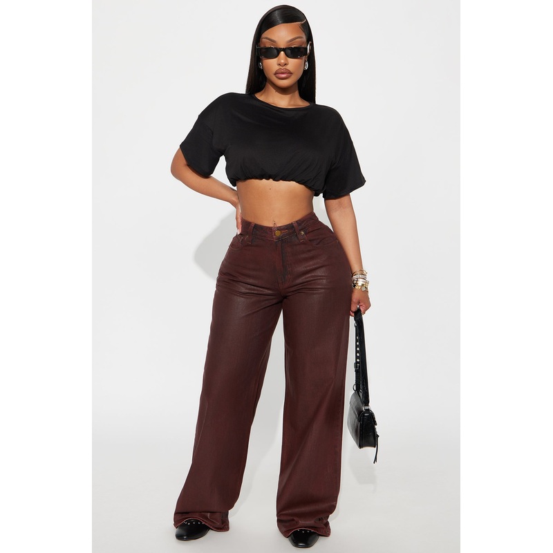 Play It Off Coated Wide Leg Jeans – Burgundy