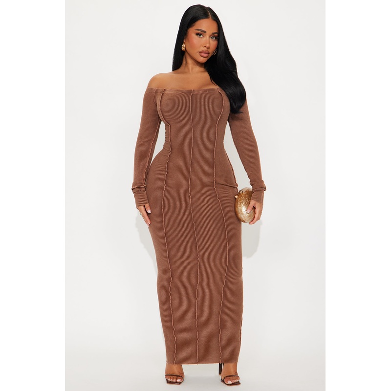 Randi Washed Ribbed Maxi Dress – Brown