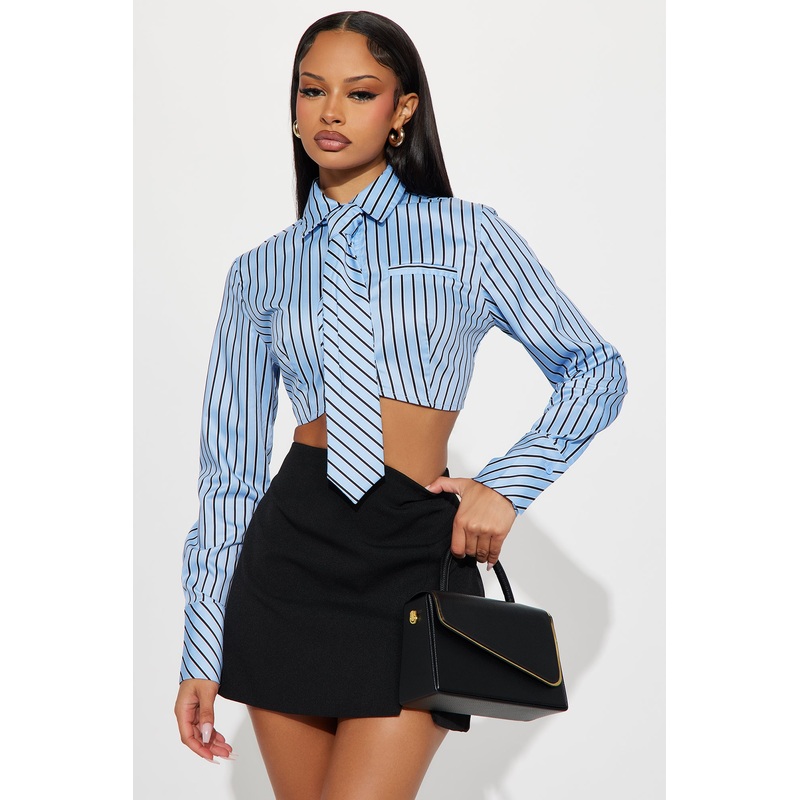 Real Woman Striped Poplin Tie Shirt – Blue/combo
