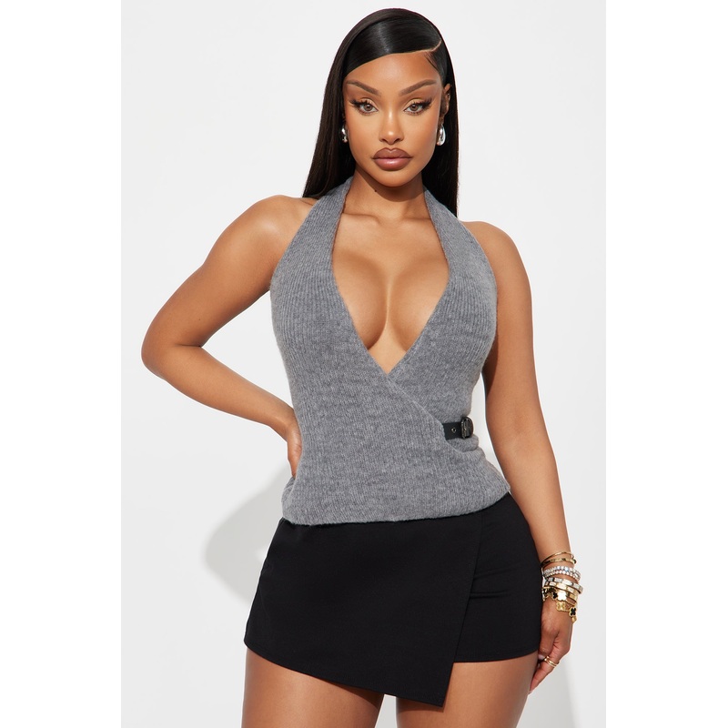 Reign Belted Sweater Halter Top – Grey