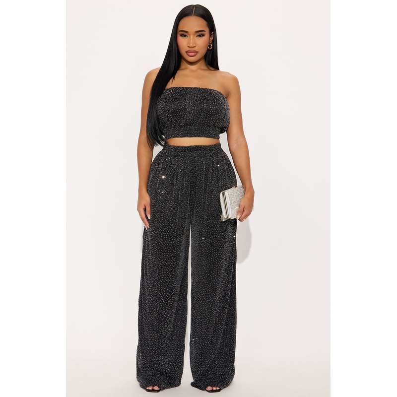 Sheena Rhinestone Mesh Pant Set – Black