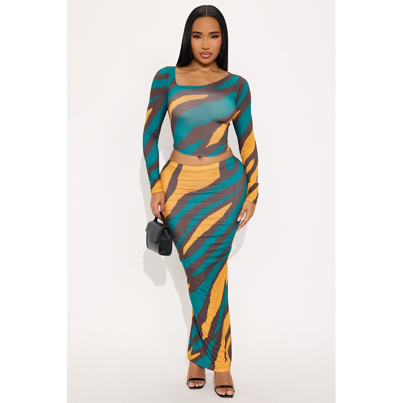 Trouble Maker Asymmetrical Skirt Set – Teal/combo