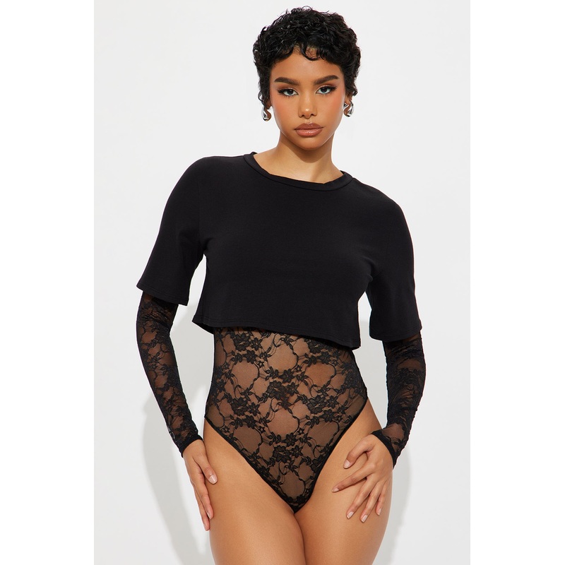 Unmatched Long Sleeve Lace Bodysuit – Black