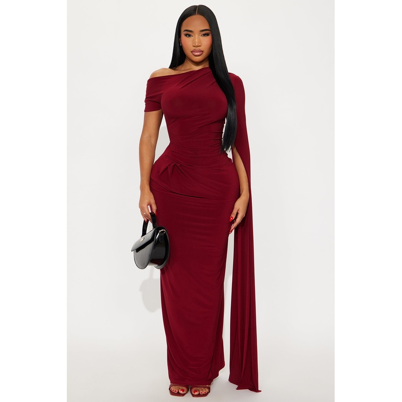 After Thought Asymmetrical Draped Maxi Dress – Wine