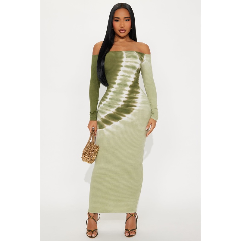 Beatrice Tie Dye Ribbed Maxi Dress – Olive/combo