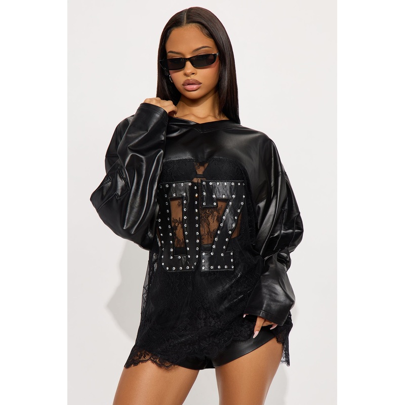 Best Of The Best Rhinestone Lace Jersey Top – Black
