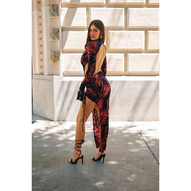 Bria Long Sleeve Backless Maxi Dress – Rust/combo