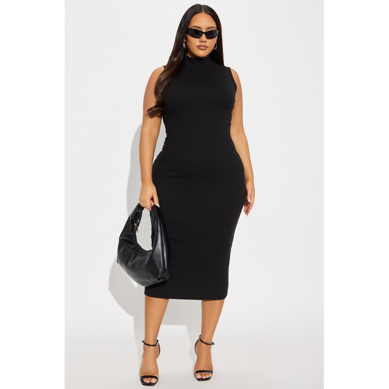 Bridget Ribbed Midi Dress – Black