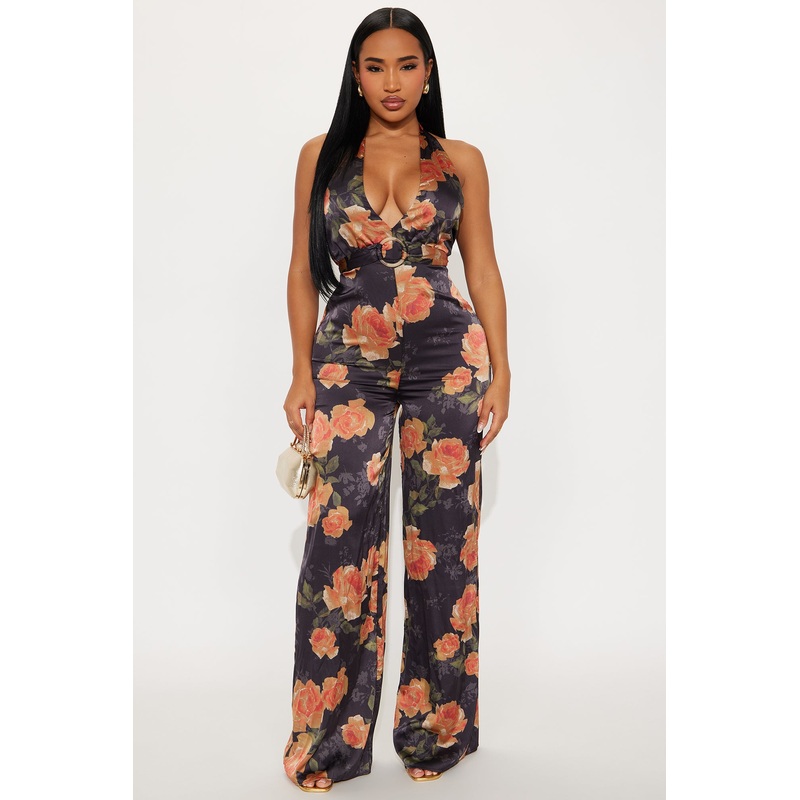 Calm And Collected Floral Satin Jumpsuit – Black/combo