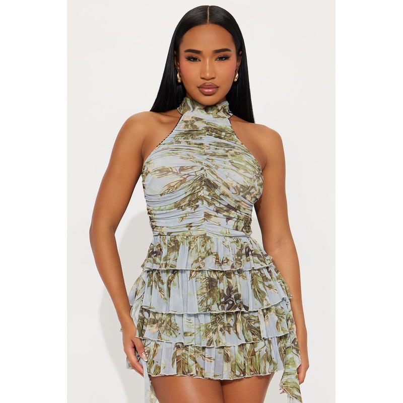 Catalina Ruffle Ruched Mesh Mini Dress – Blue/combo