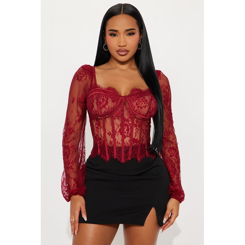 Gilded Glam Lace Bustier Top – Burgundy