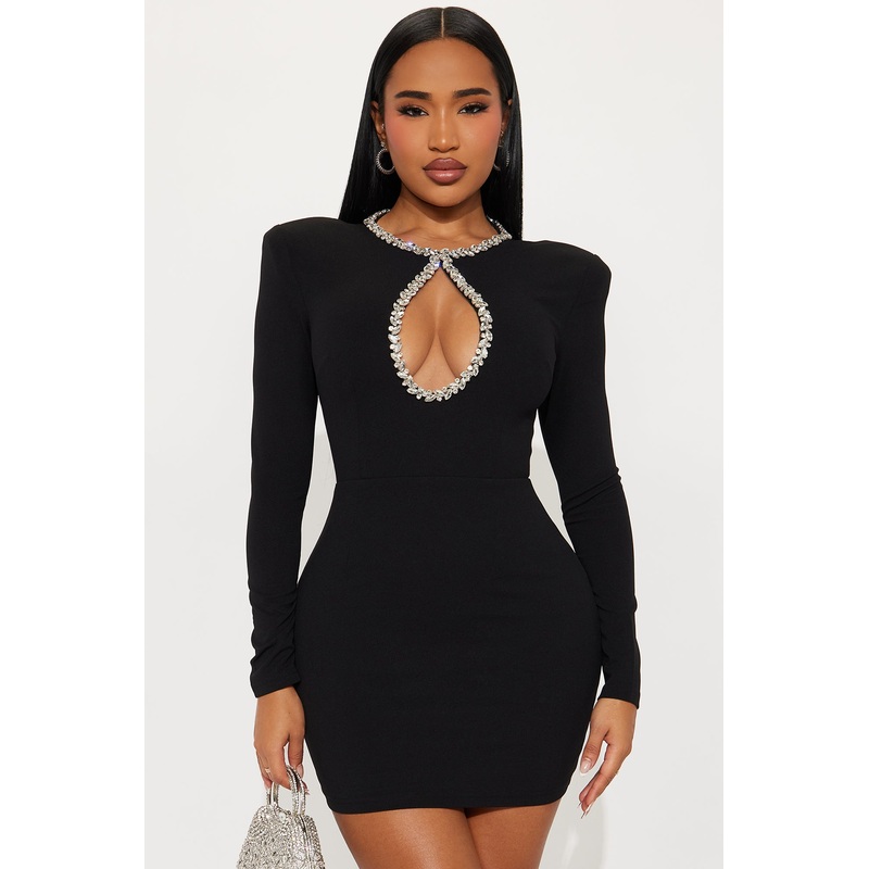 Noah Long Sleeve Rhinestone Mini Dress – Black