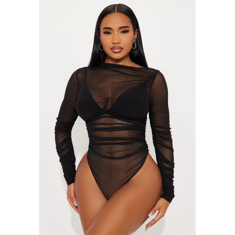 Power Trip Ruched Off Shoulder Mesh Bodysuit – Black