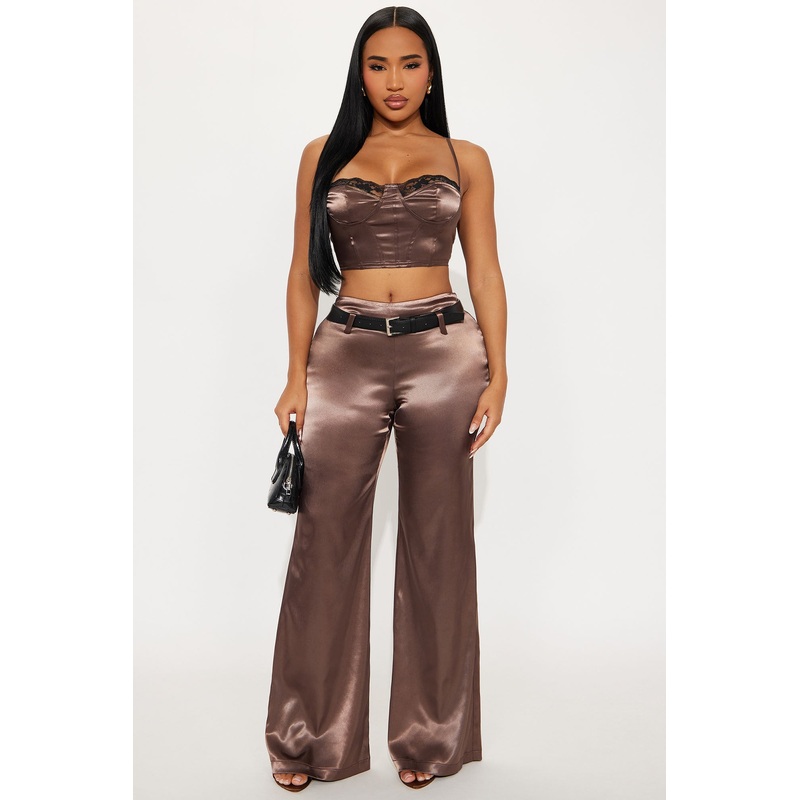 Savanah Satin Wide Leg Pant Set – Brown