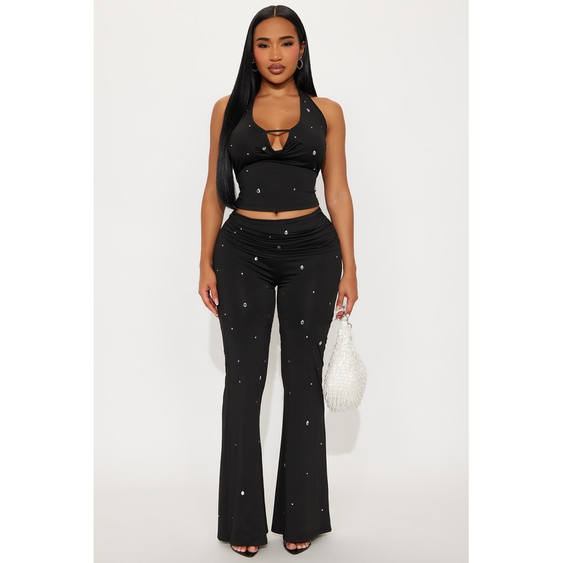 Shine Time Rhinestone Pant Set – Black