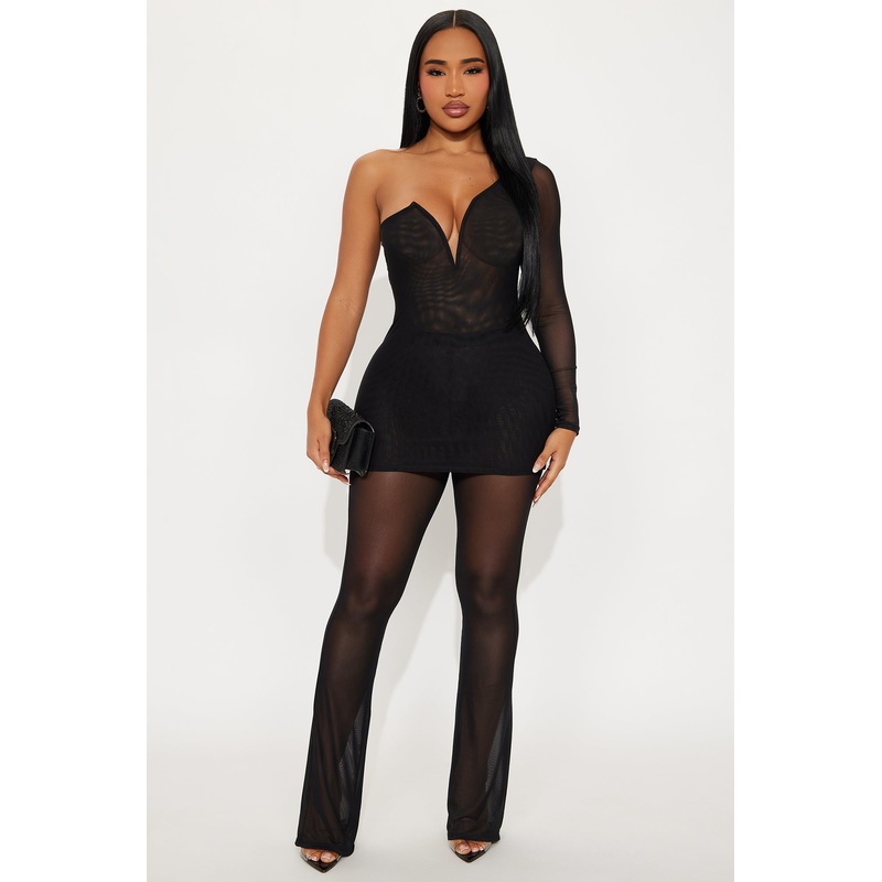 Sierra Mesh One Shoulder Pant Set – Black