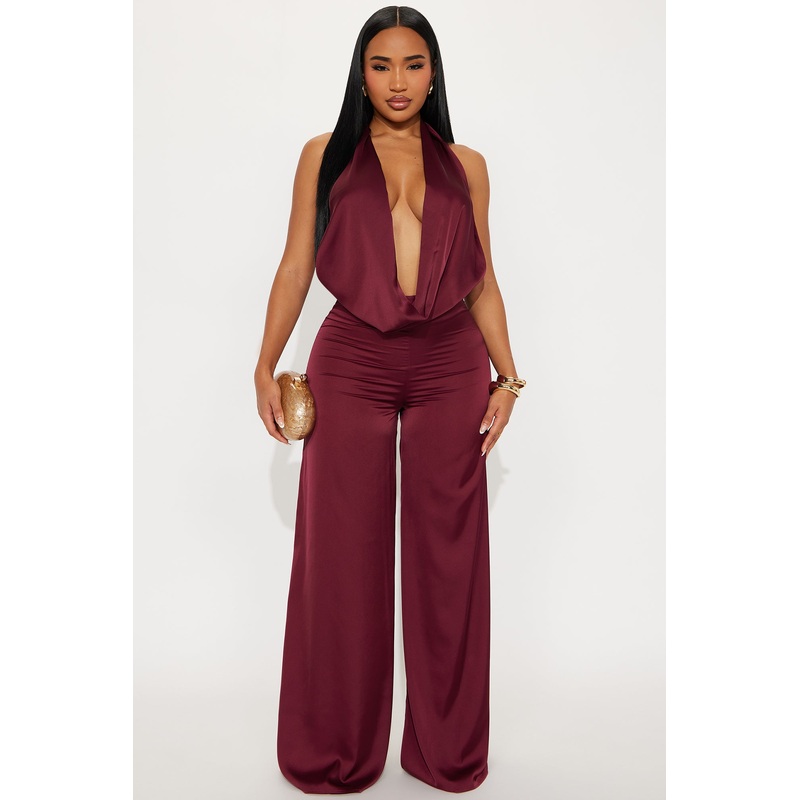 Sun and Sips Solid Satin Jumpsuit – Wine