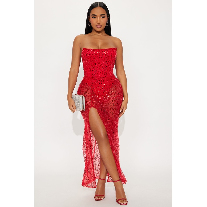 Temptation Sheer Sequin Gown – Red