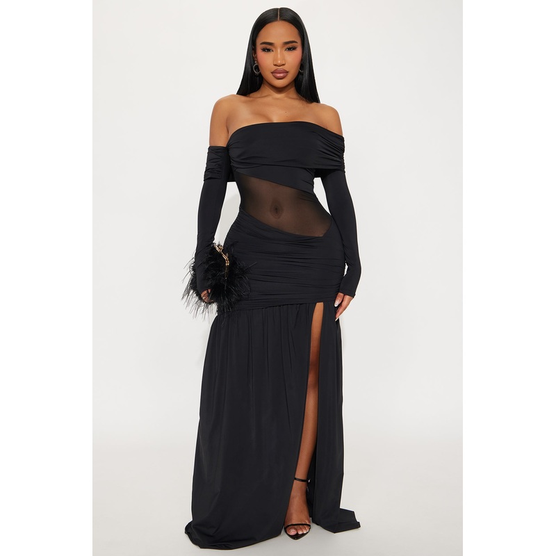 Velora Asymmetrical Long Sleeve Maxi Dress – Black
