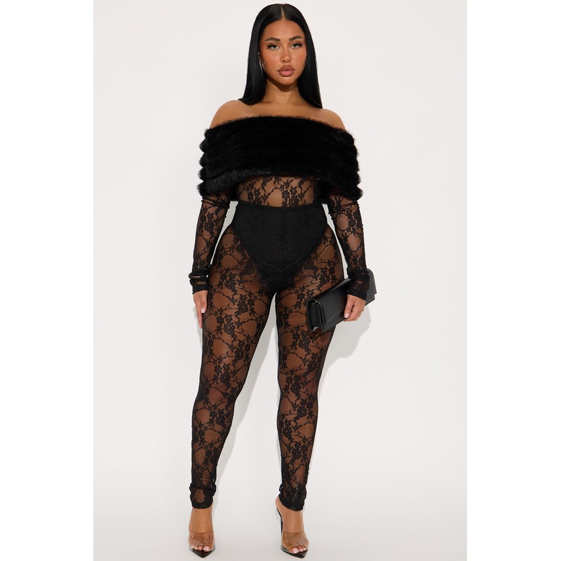 Alexa Lace Off Shoulder Faux Fur Jumpsuit – Black