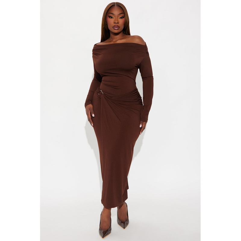 Aria Off Shoulder Draped Midi Dress – Chocolate